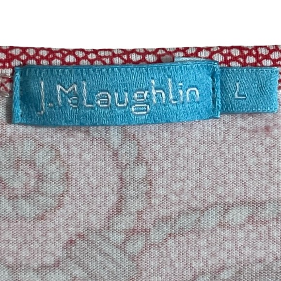 J McLaughlin Avalon 3/4 Sleeve V Neck Top Red Yellow Gray Rope Shell Print Large - Picture 2 of 6